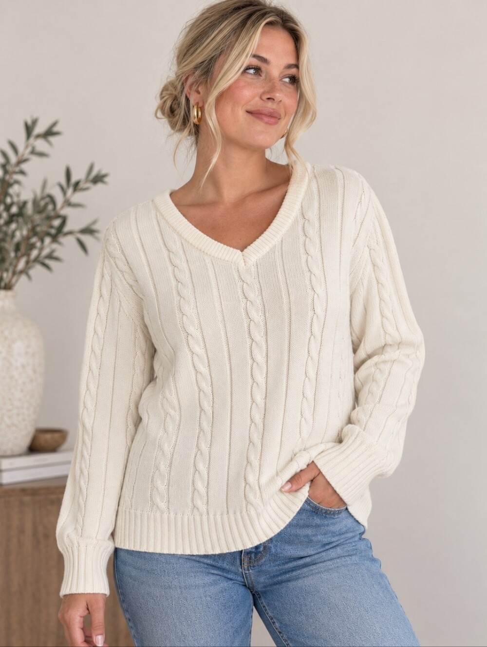 Brandy Melville Cream Cable Knit Sweater Autumn Photos